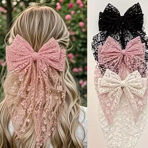 Lace Bow Hair Clip Set‎ Pink Black Cream Romantic Ribbon Clips